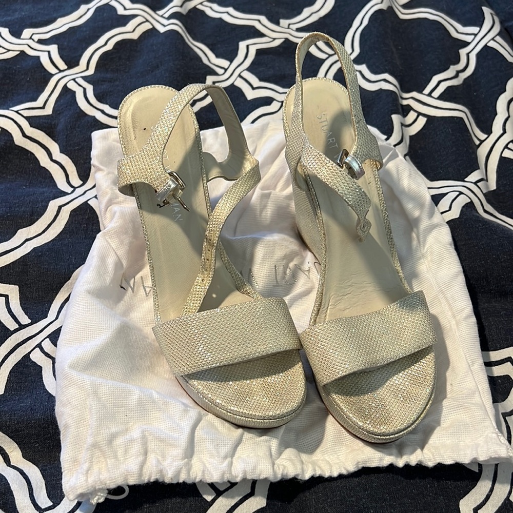 EUC Stuart Weitzman wedding wedges white and silver sparkle